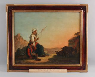 19thc Antique Italian Landscape Genre Oil Painting Woman W/ Wool Distaff & Goats