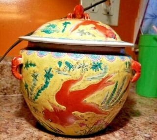 Antique Chinese Vibrant Koi Fish Bowl With Lid Da Qing Daoguang Nian Zhi