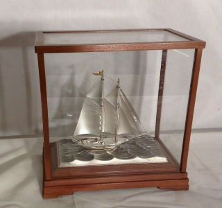 Sterling Silver 960 Sail Boat Yacht Model Glass - Woodcase Masts Signed Seki Japan