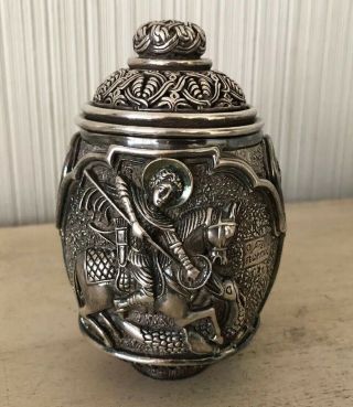 Vintage Silver Ag 995 Greek Orthodox Trinket Jar Box Container Saint George