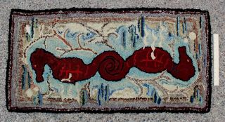 Antique Handmade Maritime Folk Art,  Seahorses,  Cotton Rag Hooked Rug