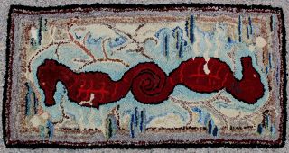Antique Handmade Maritime Folk Art,  Seahorses,  Cotton Rag Hooked Rug 2