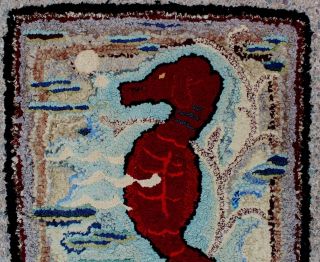 Antique Handmade Maritime Folk Art,  Seahorses,  Cotton Rag Hooked Rug 3