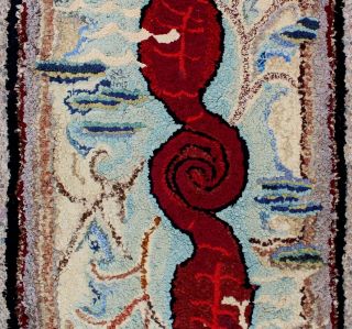 Antique Handmade Maritime Folk Art,  Seahorses,  Cotton Rag Hooked Rug 4