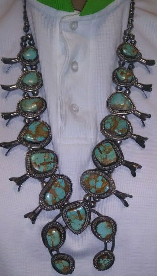 Vintage Navajo Silver & Turquoise Squash Blossom Necklace 295 Grams - Sterling ?