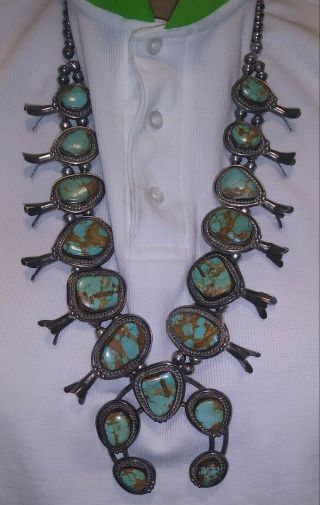 Vintage Navajo Silver & Turquoise Squash Blossom Necklace 295 Grams - Sterling ? 8