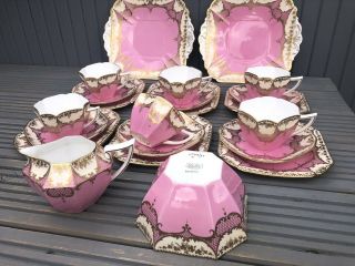 Very Rare Pink Gilded Shelley Queen Anne 1920s Full Tea Set 23 Piece 6 X Trios