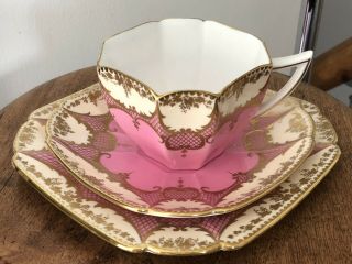 VERY RARE PINK GILDED SHELLEY QUEEN ANNE 1920s FULL TEA SET 23 piece 6 x trios 4