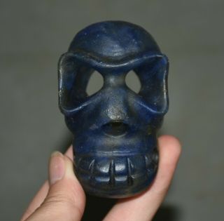 3.  2 " Ancient Hongshan Culture Old Blue Crystal Carved Skeleton Skull Head Statue