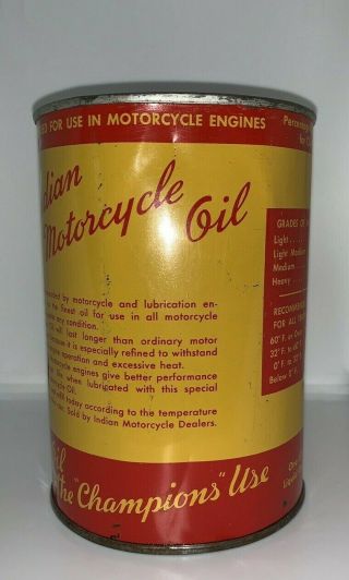 RARE 40s VINTAGE INDIAN MOTORCYCLE OIL CAN SAE 50 GREAT GRAPHICS 3