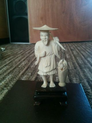 Antique Hand Carved Chinese Bone Figure,  Approx 5 " Tall Inc Wooden Stand