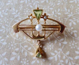 Antique Art Nouveau Jugendstil 9ct Pearl & Peridot Brooch