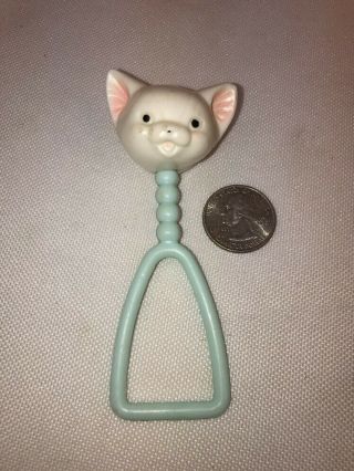 Vtg 1950’s White Kitten Cat Baby Rattle Blue Handle Collectible Toy Too Cute