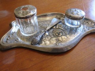 Elegant Solid Silver Dressing Table Tray,  Two Pots & Horn.  Chester 1908 Hallmark