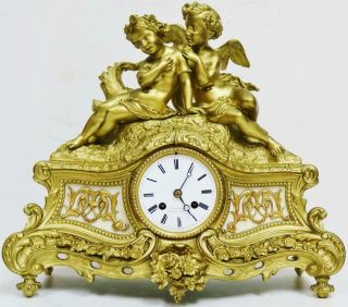 Antique French 8 Day Cherub Angels Gilt Metal Striking Mantle Clock