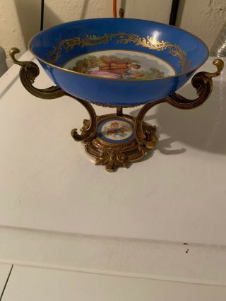 Fragonard Porcelain Centerpiece Blue Bowl Hand Painted France Bronze? Antique