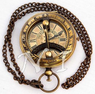 Vintage Brass Sundial Compass Style Antique Pocket Watch Necklace W Long Chain