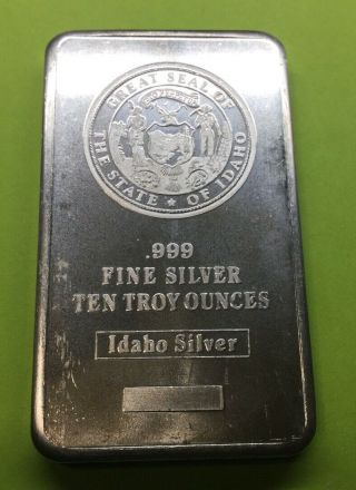 Great Seal Of State Of Idaho 10 Troy Oz.  999 Fine Silver Bar Vintage Bullion