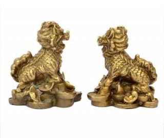 Chinese Brass Money Wealth Yuan Bao Kylin Dragon Beast Statue Pair