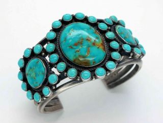 Vintage Navajo Turquoise Bracelet Cluster Sterling Silver KIRK SMITH 111 Grams 10