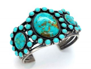 Vintage Navajo Turquoise Bracelet Cluster Sterling Silver Kirk Smith 111 Grams