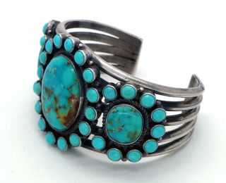 Vintage Navajo Turquoise Bracelet Cluster Sterling Silver KIRK SMITH 111 Grams 2