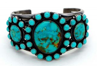 Vintage Navajo Turquoise Bracelet Cluster Sterling Silver KIRK SMITH 111 Grams 3