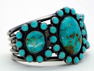 Vintage Navajo Turquoise Bracelet Cluster Sterling Silver KIRK SMITH 111 Grams 8