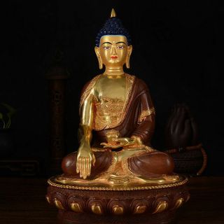 13 " Old Tibetan Buddhism Copper Gilt Hand Painting Shakya Muni Buddha Statue