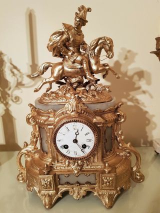 Antique French Gilt And White Stone Figural Mantel Clock.