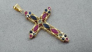 Vintage 18k Yellow Gold Rubies/blue Sapphires/peridots Cross Pendant
