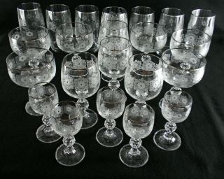 Rare Antique Baccarat Etched Crystal 22 X Beer Wine Port Etc.  Goblets W/ Silver