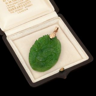 Antique Vintage Deco 14k Rose Gold Chinese Carved Nephrite Jade Necklace Pendant
