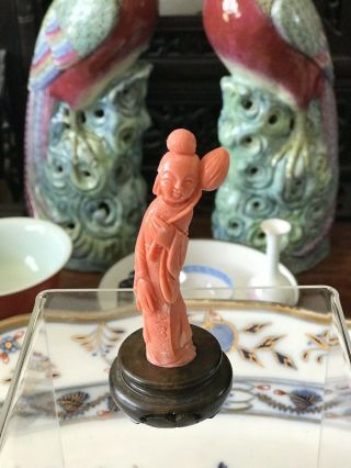 Antique Chinese Hand Carved Natural Red Coral Guan Yin Pink Salmon Coral