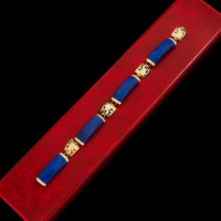 Antique Vintage Art Deco 14k Gold Chinese Carved Lapis Lazuli Segmented Bracelet
