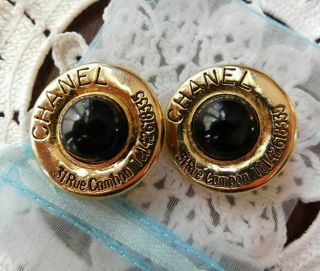 Chanel Vintage Cc Logos Black,  Gold Earrings 31 Rue Cambon Tel 42618335 France