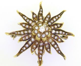 Antique 14k Yellow Gold 0.  15ct Diamond And Pearl Cluster Star Sun Brooch