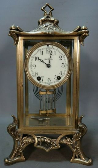 Antique Art Nouveau Style Seth Thomas Old Crystal Regulator Brass Mantle Clock