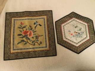 2 Vintage Chinese Silk Embroidery Panels Tapestries,  Flowers Birds