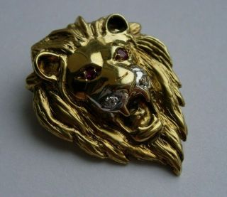 Rare Vintage Heavy Solid 14k 14ct Gold Lion Head Pendant Diamond Ruby 6.  44g