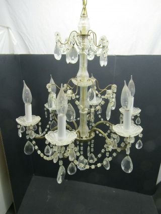 Old Antique Brass Ceiling Crystal Prism Chandelier Light Fixture