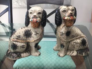Vintage Antique Pair Staffordshire Spaniel Dogs Black Holding Flower Baskets