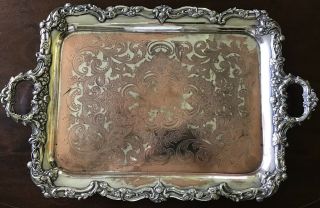 Chased Siver Plate On Copper Butlers Tray 29” X 19”