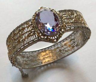 Vtg Art Deco Sterling Silver Blue Purple Rhinestone Filigree Hinged Bracelet J4