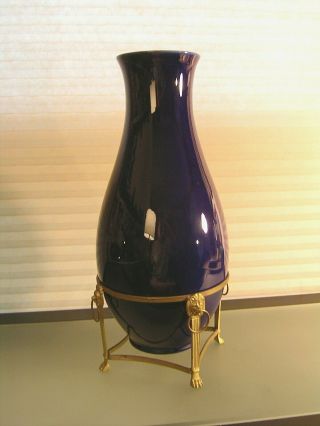 French Cobalt Blue Porcelain Vase Urn Ormolu Stand