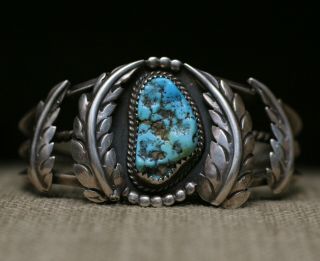 Vintage Native American Navajo Turquoise Sterling Silver Leaves Cuff Bracelet