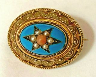 Antique Victorian 15ct Gold Enamel Seed Pearl & Coral Brooch Pin