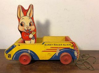 Rare Vintage Fisher Price Bunny Racer 474 Wooden Pull Toy 1942