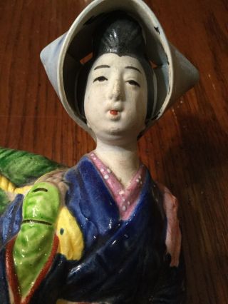 Antique Japanese Banko Ware Wall Pocket Lady w/ Basket Japan Majolica Like Glaze 4