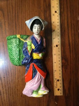 Antique Japanese Banko Ware Wall Pocket Lady w/ Basket Japan Majolica Like Glaze 5